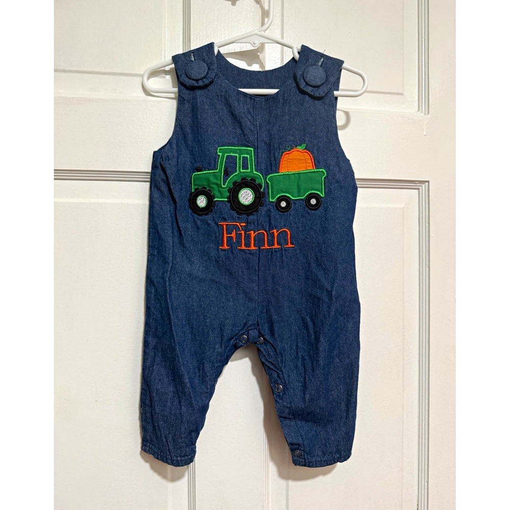 9M "Finn" Embroidered Monogrammed Fall Overalls Tractor Pumpkin Thanksgiving